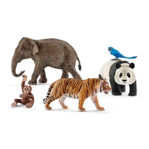 Image of SCHLEICH Wild Life - 5PC Wild Animal Toy Set - Jungle Safari Bundle with Panda, Macaw, Baby Orangutan, Elephant, and Tiger Figurine - Realistic Wildlife Figures for Screen-Free Play - Kids 3+ | 77588