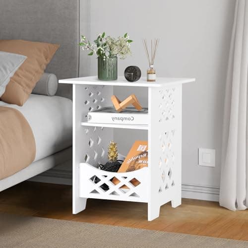 Image of YARUKIMA Small White Bedside Table, Nightstand for Bedroom, Sofa Side Desk with Storage Shelf, Living Room Mini Square Table,Slim Coffee EndTable for Small Spaces, Living Room, Balcony & Bathroom