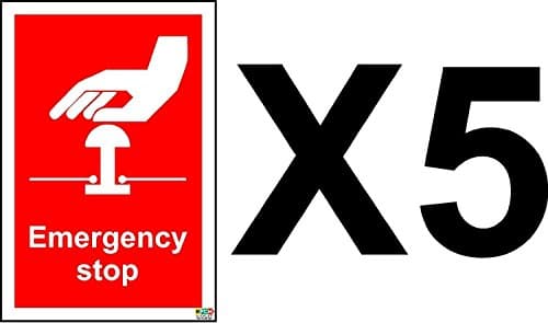 Image of Emergency Stop Safety Sign - Self adhesive sticker 70mm x 50mm (PACK OF 5 STICKERS)