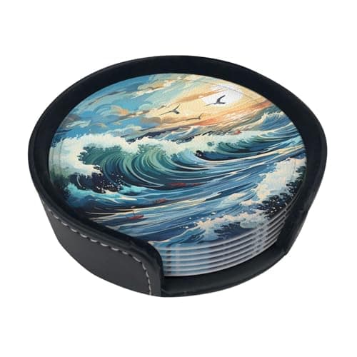Image of Wave Sailboat Seagull 6-piece coaster set with stand, for home décor, suitable for all kinds of cups and coffee mugs.