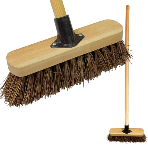 Image of 10” Outdoor Yard Broom with Wooden Handle Stiff Bassine Hard Bristles & Durable Support Bracket Heavy Duty Garden Brush Deck Broom & Scrubbing Brush for Driveways Patios and Decks (PACK OF 1)