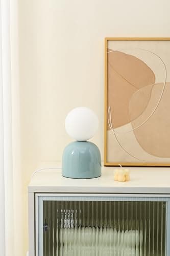 Image of Small Ceramic Table Lamp in Brown, Aqua Blue or Soft Green with an Opaque Glass Head (Blue)