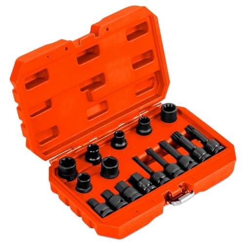 Image of COSTWAY 16Pcs Impact Brake Caliper Socket Set, 1/2 Inch Drive Wrench Brake Adjusting Tool Kit with Storage Box, Impact Wrench Socket Set for Home Car Repair (Orange)