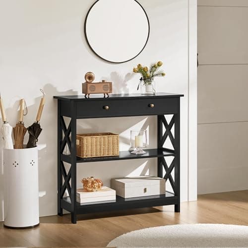 Image of Yaheetech Console Table for Hallway, Slim Entryway Table with Drawer & Shelves, Wood Sofa Table for Small Space, Living Room, 80x30x80cm, Black