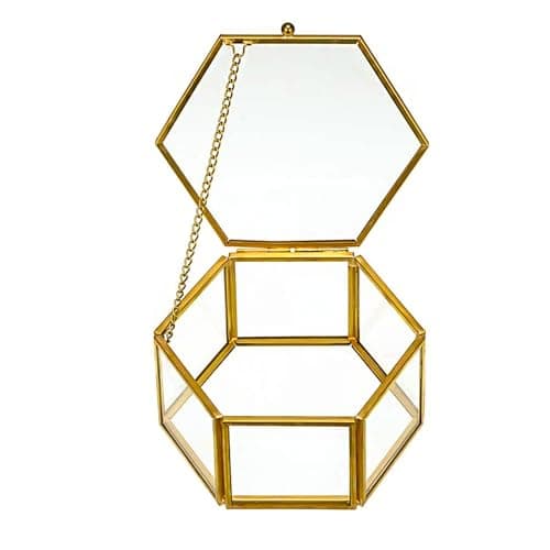Image of DRERIO Glass Jewelry Box - Small Decorative Display Case, Hexagon Ring Holder, Golden Trinket Storage Organizer for Earrings