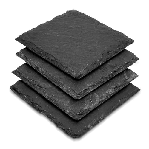 Image of apollo THE HOUSEWARES BRAND Slate Coaster Set 4 Square, 100% Natural Slate, Anti-Scratch Foam Feet, Great Gift Idea, Size: 10x10x1cm, Black