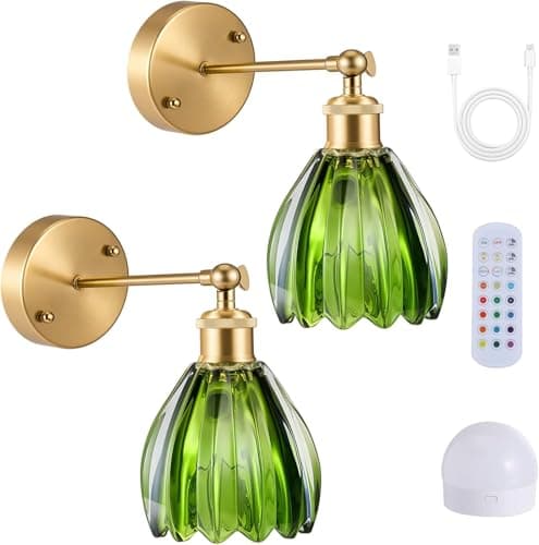 Image of 2 Pieces Vintage Wall Light Dimmable with Remote Control,Rechargeable Wall Sconces Set with 3 Color Temperatures & 15 Colors Adjustable RGB Indoor Wall Lamp with Green Glass Lampshade for Living Room