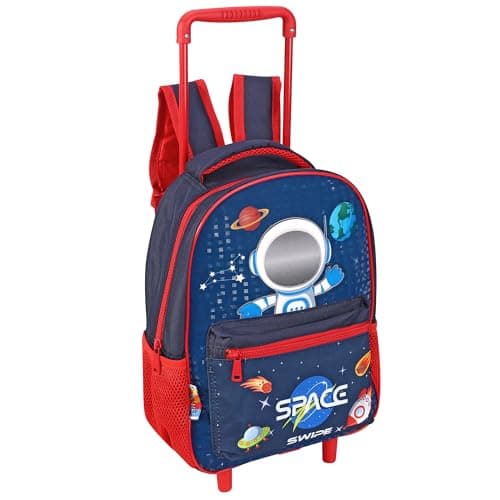 Image of Hartom Kids Space Explorer Trolley Backpack, Navy Blue and Red Wheeled School Bag with Astronaut and Rocket Ship Design, Rolling Suitcase and Rucksack for Boys, Lightweight Travel Luggage