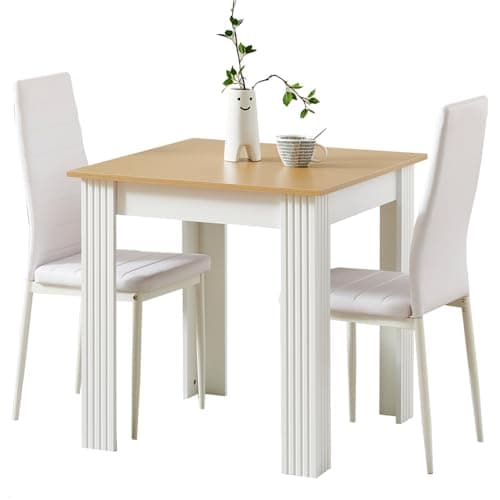 Image of Rainbow Tree Modern 3 Piece Dining Room Table and Chairs Set, Wooden Square Table with 2 Chairs for Small Space Apartment Space Saving (White+Oak Table+2 White Leather Chair)