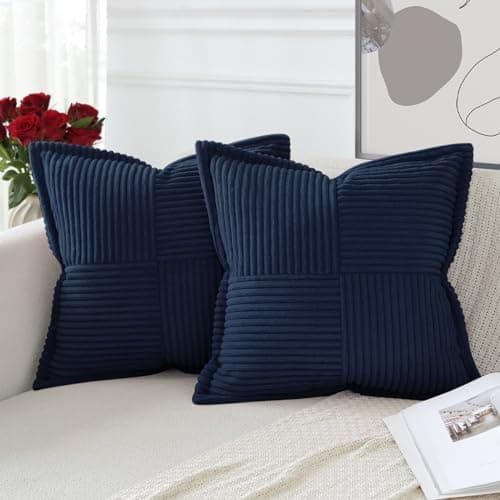 Image of Artscope Corduroy Cushion Covers Pack of 2 Modern Patchwork Throw Pillow Covers Soft Pillowcase Broadside Decorative Textured Cushions for Home decor Sofa Bedroom Couch Navy Blue 45x45cm