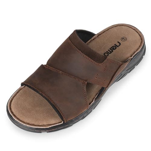 Image of riemot Men's Leather Slide Sandals Open Toe Slip On Sandals for Men Brown Casual Summer Sandal Cushioned Comfortable Padded Strap Indoor Outdoor Garden Holiday Shoes UK 11