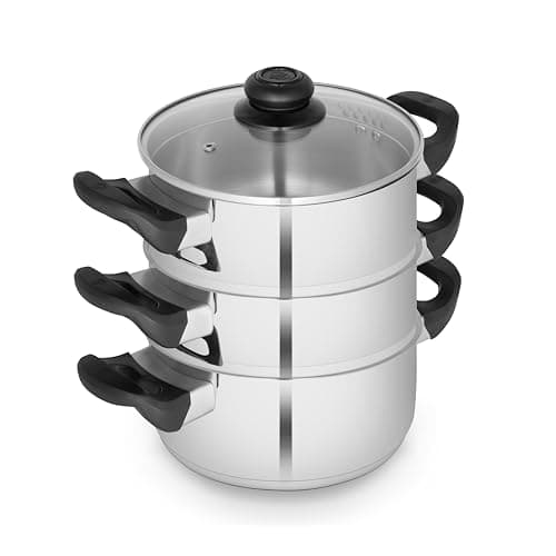 Image of Swan Townhouse 18cm 3 Tier Stainless Steel Steamer with Glass Lid, Suitable for All Hob Types (Including Induction), Dishwasher Safe, Stainless Steel