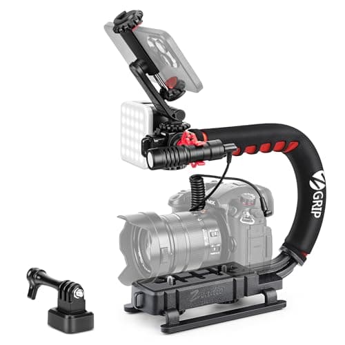 Image of Zeadio Video Handheld Stabilizer, All-in-One Vlogging Camera Handle Grip Rig Kit with Dimmable LED Video Light, Microphone, Phone Holder, Action Camera Adapter for Camera DSLR and All Smartphones etc