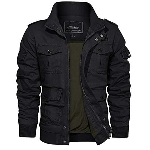Image of EKLENTSON Men's Casual Cargo Military Jacket 7 Pockets Autumn Cotton Windbreaker Fishing Coat Black,L