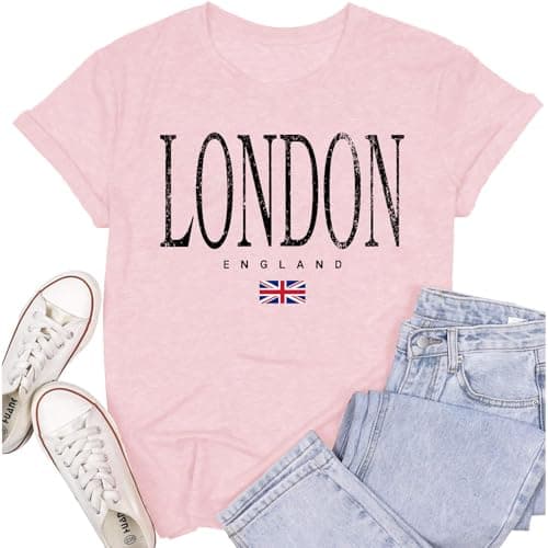 Image of Cutesong Womens London England Shirt London Shirts United Tee Tops for Ladys Union Jack Flag Souvenir Printed T-Shirt Tops Pink