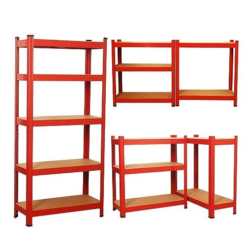 Image of shine planet 5 Tier Garage Shelves Metal Storage Shelving Heavy Duty Shed Storage Racking Unit Adjustable Boltless for Warehouse Workshop Office (Red, 70x30x150cm)