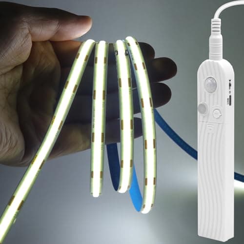 Image of GQL Motion Sensor COB LED Strip Lights - PIR 5V Battery or USB Powered, Self-Adhesive for Closet Wardrobes Cabinets Stairs (Cold White, 3m)