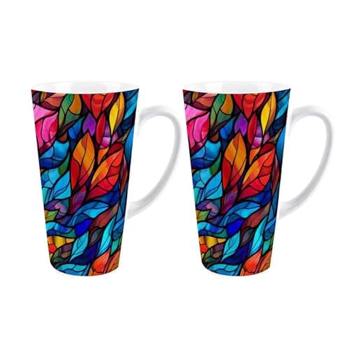 Image of Purely Home Stained Glass Patterned Tall Latte Mug Set - Ceramic Multicoloured Large Coffee Cups - Set of 2 Gift