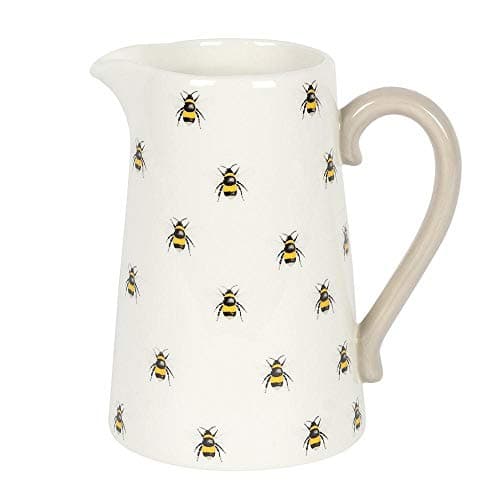 Image of Adorable Bee White Ceramic Flower Jug with Contrasting Handle - 21.7cm x 18.2cm (1 Pc.) - Perfect for Home Decor, Unique Mother’s Day Gift