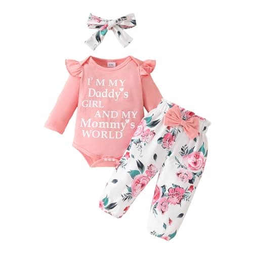 Image of QUNERY Newborn Baby Girl Clothes Daddy's Girls Long Sleeve Tops Floral Pants Sets Headband Infant Girl Fall Outfits Pink letter 3-6 months