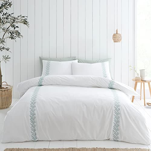 Image of Bianca Fine Linens Bedding Embroidery Leaf 180 Thread Count Cotton Double Duvet Cover Set with Pillowcases White/Green