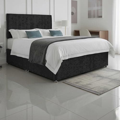 Image of SANA SLEEP Classic Premium Fabric Divan Bed Set With Open Coil Memory Foam Mattress, 2 Drawers (Same Side) and Matching Headboard 4FT6 Double - Black Crushed Velvet