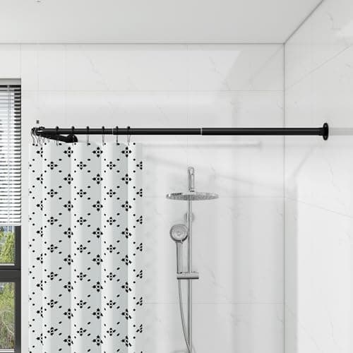 Image of L Shaped Shower Curtain Pole, Curved Shower Curtain Rail, 62-122cm x 62-122cm Telescopic Rod for Bathroom Bathtub, Stainless Steel with 12 Ring Hooks & Ceiling Support (Black)
