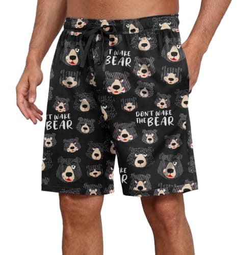Image of PrinStory Mens Pyjama Shorts With Pockets Summer Sleep Lounge Shorts Elastic Waist Pajamas Bottoms Nightwear (Black Bear,L)