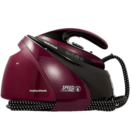 Image of Morphy Richards SpeedSteam Pro Steam Generator Iron, Ceramic Soleplate, Autoclean, 70g to 120g Rates, 590g Boost, 7 Bar Pressure, 1.6L Water Tank, 1.8m Cord, 3000W, Black and Mulberry, 332102