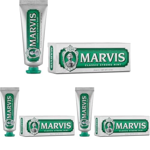 Image of Marvis Classic Strong Mint Travel Size Toothpaste, 25 ml, Sensational Flavoured Toothpaste Helps Remove Plaque with Long-Lasting Freshness (Pack of 3)