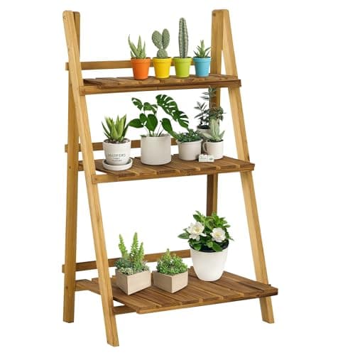 Image of Outsunny Wooden Folding Flower Pot Stand 3 Tier Garden Planter Display Ladder Gardener Storage Shelves Rack Herb Holder (60L x 37W x 93H cm)