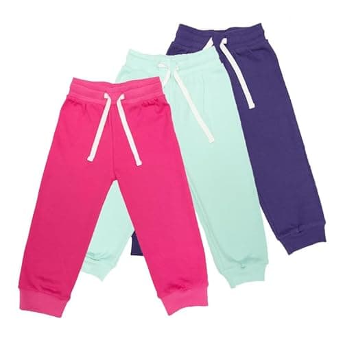 Image of Lovjoy 3-Pack Toddler Kids Joggers Tracksuit Bottoms for Girls - Soft Cotton Trousers - Elastic Waist & Adjustable Drawstrings - 1-4 Years
