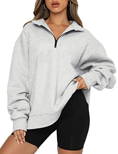 Image of Famulily Women's Half Zipper V-Neck Hoodies Comfy Drop Shoulder Sweatshirts Loose Fit Pullover Tunic Tops Gray M