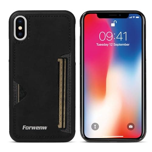 Image of LOLFZ Case for iPhone X iPhone XS, Slim Back Case with Card Holder Premium PU Leather Cover Shockproof TPU Bumper Protective Phone Case Cover for iPhone X/XS - Black