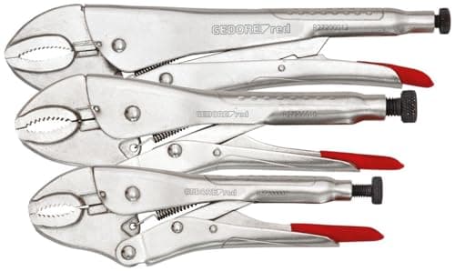 Image of GEDORE Red Grip Pliers Set with Self-Clamp Function, 3 Pieces, 3.5-6 cm Span, Adjustment Screw and Release Lever, Chrome Vanadium Steel, 7, 10 and 12 Inch Length