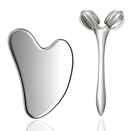 Image of Hysotok Stainless Steel Gua Sha Facial Tools,Face Roller and Gua Sha Set for Facial Massage, Neck, Eyes, Body, Chin Lift, and Skin Tightening (Silver Heart)