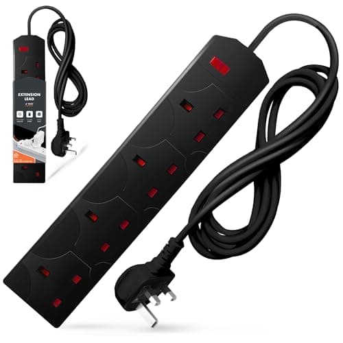 Image of Wolf Power 4 Way Extension Lead, 2 Metre Extension Cable with UK 3 Pin Plug, Multi Socket Power Strip, Wall Mountable, Suitable for Home, Office & Appliances (Black, 1 Pack)