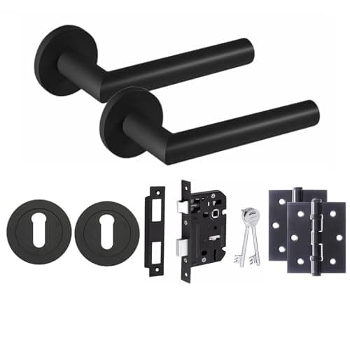 Image of Golden Grace Mitred Design Key Lock Door Handles Set on Round Rose in Matt Black Finish with 64mm 3 Lever Mortise Lock, 3" Ball Bearing Hinges & Key Hole