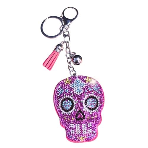 Image of Popfizzy Rhinestone Keychains for Women and Girls, Bling Backpack Keyring, Cute Purse Charms, Cool Key Fob, Fun Keychain Gift, Pink Sugar Skull (Silver), One Size