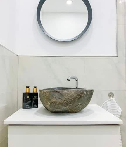 Image of Oval Shaped Natural River Stone Grey Bathroom Basin with Drainage Hole | Toilet Basins, Practical Sink, Bathroom Decor (29-38cm)