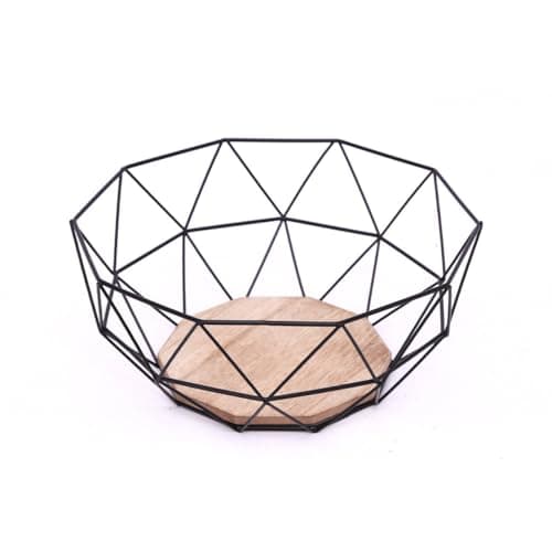 Image of Carousel Home and Gifts Black Geometric Metal Wire Wooden Base Decorative Storage/Display Basket Fruit Bowl