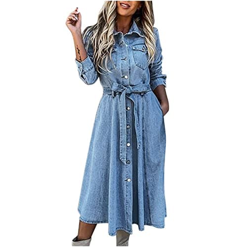 Image of Women's Long Sleeve Denim Dress, Casual Slim-Fit Button V-Neck Midi Dresses with Collar & Pockets, Summer Blue Jean Shirt Dresses for Ladies UK