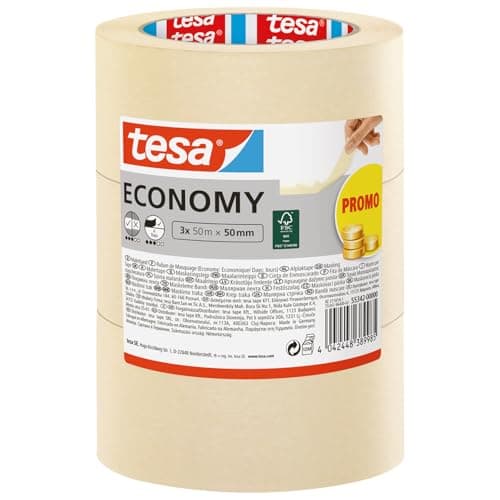 Image of tesa Masking Tape Economy EcoLogo - Painters Tape, 4 Days Residue-Free Removal, Without Solvent - Narrow, 3X 50 m x 50 mm