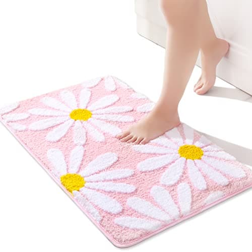 Image of QJHOMO Pink Bath Mat White Flower Rug 40 x 60 cm, Non Slip Bath Mats for Bathroom, Soft Microfiber Bathroom Mat, Machine Washable Rug Durable Bathmat, Super Absorbent Floor Mat for Shower