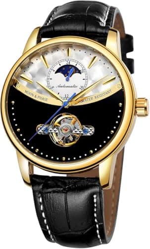 Image of Yoodeet Genuine Leather Self-Winding Mechanical Wrist Watch Men Stainless Steel Skeleton Automatic Watches for Men Flywheel Calendar Watch