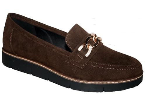 Image of Cushion Walk Ladies Casual Slip-On Smooth Faux Leather Comfort Sporty Wedge Loafer with Chain Trim Sizes 4-8 (Brown Suede, UK Footwear Size System, Adult, Women, Numeric, Medium, 5)
