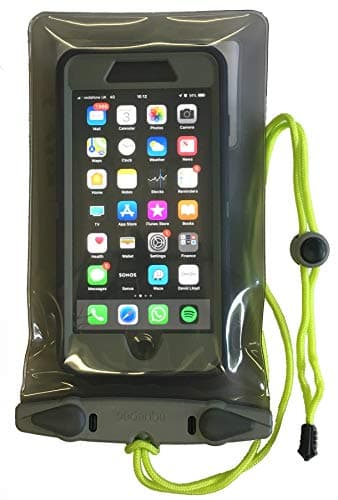 Image of Aquapac Waterproof Phone Case, Large, Grey, Lanyard, iPhone and Android, Made in The UK, Hiking, Mountain Biking, Running Accessory, Floating, 5 Year Warranty. IPX8 certified to 30 ft deep.