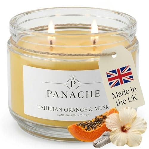 Image of Panache Tahitian Orange & Musk Scented Candle – Double Wick Soy Wax Candle, 48 Hour Burn Time, Hand Poured in UK, Clean Burning Cotton Wicks, Luxury Glass Jar Candle for Home Fragrance & Gifts (320g)