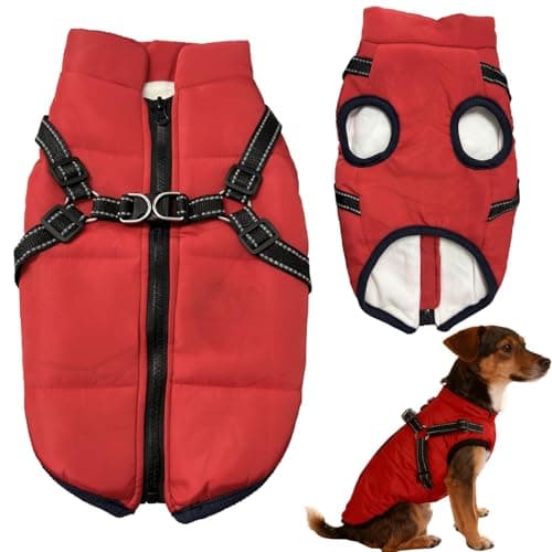 Image of Dog Coat Waterproof with Harness, Winter Warm Fleece Jacket for Medium Large Dogs, Reflective Windproof Puppy Snowsuit(Red-L)