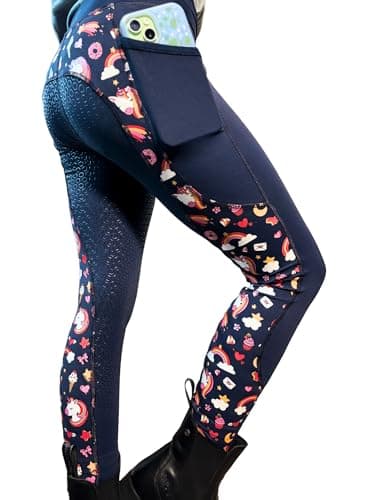 Image of Aiya Kids Unicorn Horse Riding Tights – Full Seat Silicone Grip Leggings with 5 cm Covered Waistband, Phone Pocket & Vibrant Unicorn Print – 4‑Way Stretch & Breathable (Navy, 24 Inch Waist)